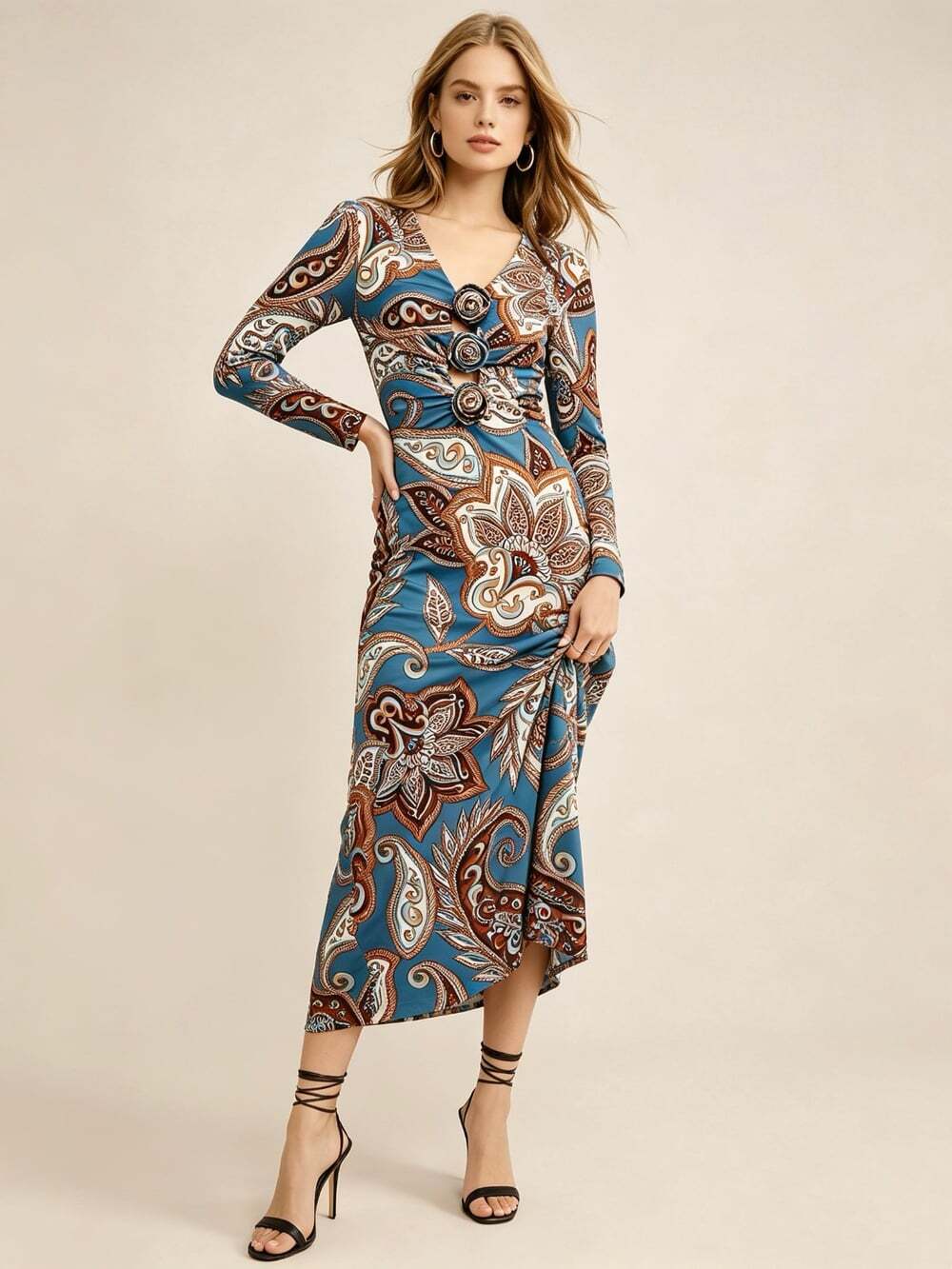 NWOT FARM Rio Wonderful Bouquet Midi Dress V‑Neck Long Sleeve Blue Brown Size M